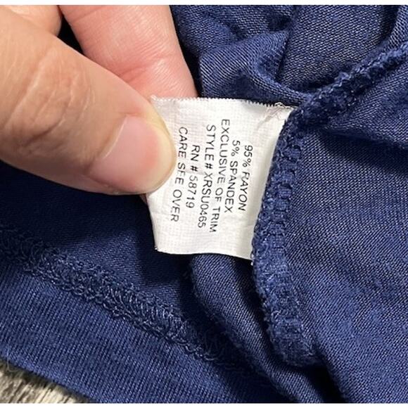 NY Collection Top Large Navy Blue Ruffle Scoop Neck Short Sleeve Blouse Casual - Picture 6 of 6